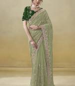 Designer Pista Organza Green Cording And Jarkan