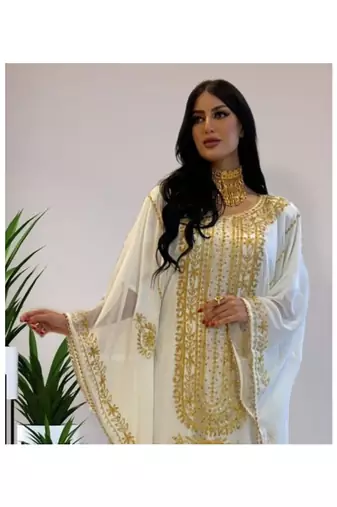 White Kaftan Handcrafted Georgette Embroidered Work Party Wear Fully Stitched Dresses 0233