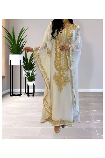 White Kaftan Handcrafted Georgette Embroidered Work Party Wear Fully Stitched Dresses 0233