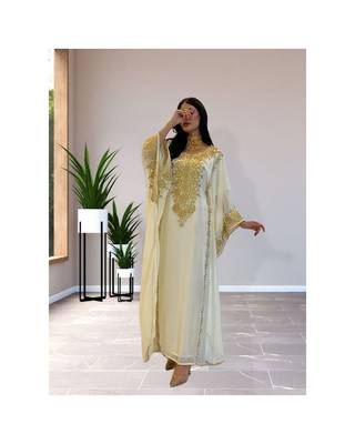 White Georgette Kaftan With Gold Embroidery 1