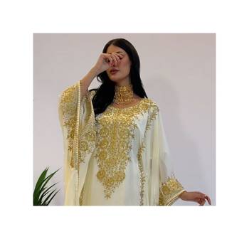 White Georgette Kaftan With Gold Embroidery 2