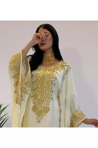 White Georgette Kaftan With Gold Embroidery