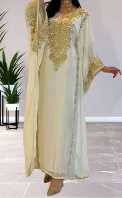 White Georgette Kaftan With Gold Embroidery 4
