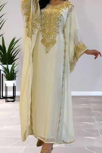 White Georgette Kaftan With Gold Embroidery