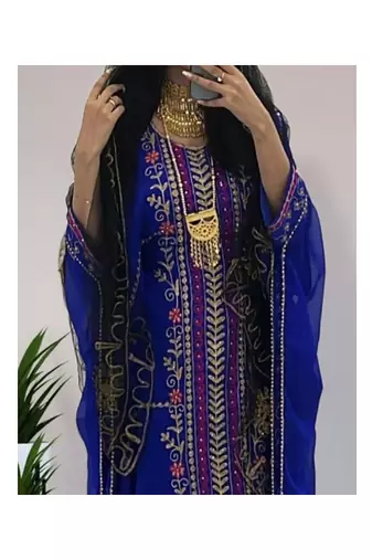 Royal-Blue Kaftan Handcrafted Georgette Embroidered Work Party Wear Fully Stitched Dresses 0236