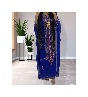 Royal-Blue Kaftan Handcrafted Georgette Embroidered Work Party Wear Fully Stitched Dresses 0236 4