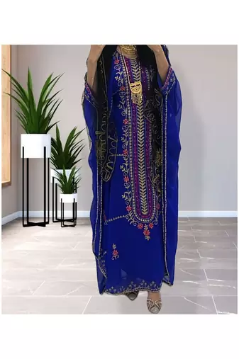 Royal-Blue Kaftan Handcrafted Georgette Embroidered Work Party Wear Fully Stitched Dresses 0236