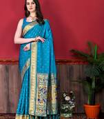 Latest design sky blue color paithani silk saree with blouse piece