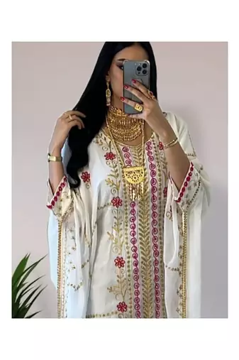 White Kaftan Handcrafted Georgette Embroidered Work Party Wear Fully Stitched Dresses 0237