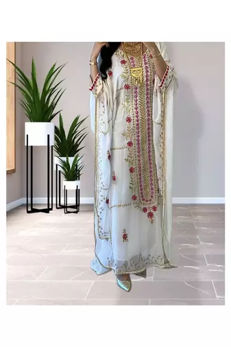 White Kaftan Handcrafted Georgette Embroidered Work Party Wear Fully Stitched Dresses 0237