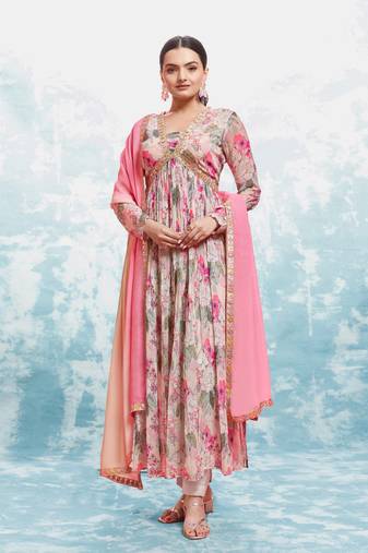 Multi color floral anarkali suit with dupatta