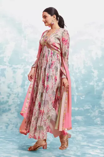 Multi color floral anarkali suit with dupatta