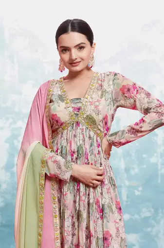 Multi color floral anarkali suit with dupatta