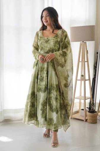 Green floral printed organza dress with dupatta