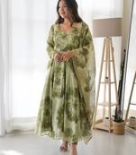Green floral printed organza dress with dupatta