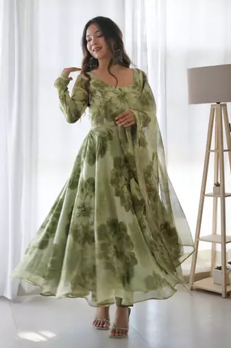Green floral printed organza dress with dupatta