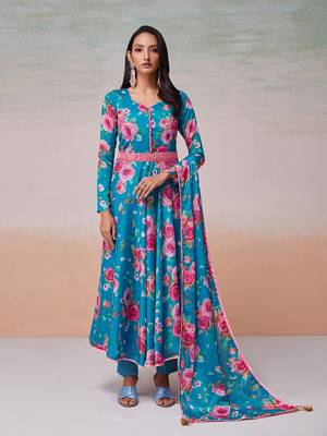 Blue color printed chinon dress with dupatta 1