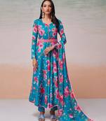 Blue color printed chinon dress with dupatta