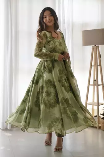 Green floral printed organza dress with dupatta