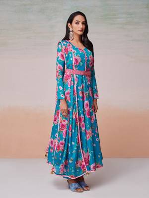 Blue color printed chinon dress with dupatta 2