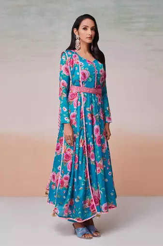 Blue color printed chinon dress with dupatta