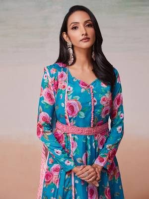 Blue color printed chinon dress with dupatta 3