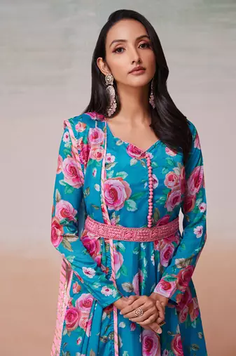 Blue color printed chinon dress with dupatta