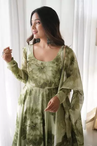 Green floral printed organza dress with dupatta
