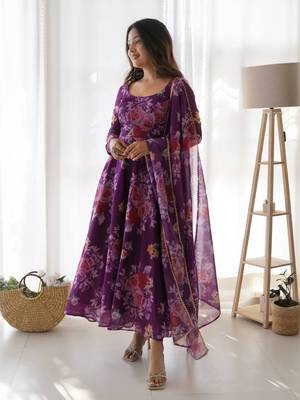 Purple floral printed organza dress with dupatta 1