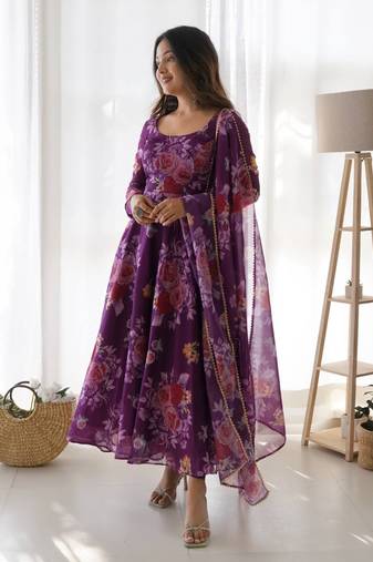Purple floral printed organza dress with dupatta