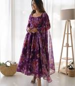 Purple floral printed organza dress with dupatta
