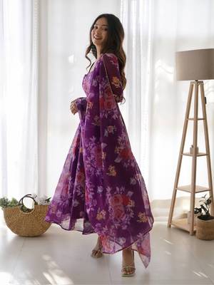 Purple floral printed organza dress with dupatta 2