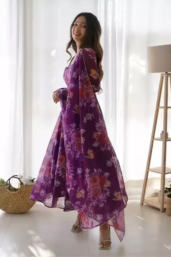 Purple floral printed organza dress with dupatta