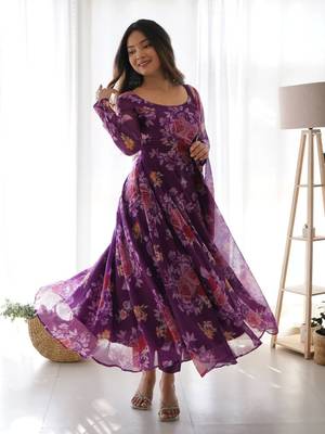 Purple floral printed organza dress with dupatta 3
