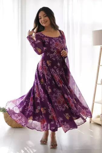 Purple floral printed organza dress with dupatta