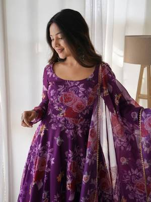 Purple floral printed organza dress with dupatta 4