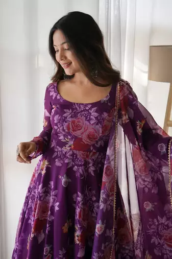 Purple floral printed organza dress with dupatta