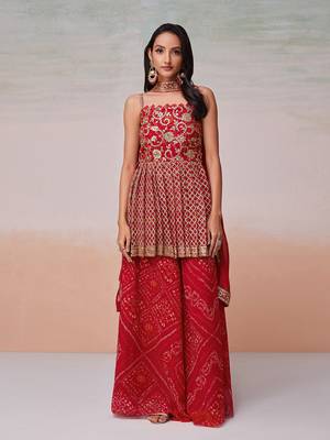 Embroidered red palazzo set with dupatta 1