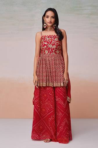 Embroidered red palazzo set with dupatta
