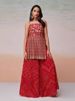 Embroidered red palazzo set with dupatta 2
