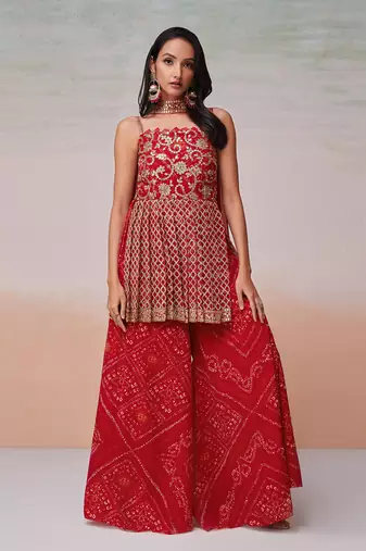 Embroidered red palazzo set with dupatta