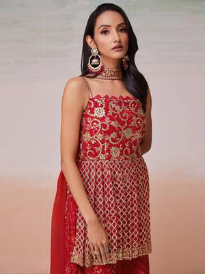 Embroidered red palazzo set with dupatta 3