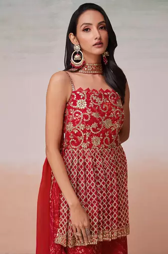 Embroidered red palazzo set with dupatta