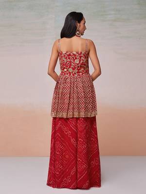 Embroidered red palazzo set with dupatta 4