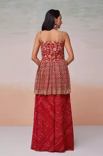 Embroidered red palazzo set with dupatta