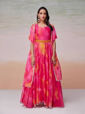 This multi color flared organza dress with dupatta. 1
