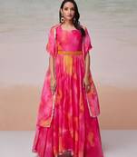 This multi color flared organza dress with dupatta.