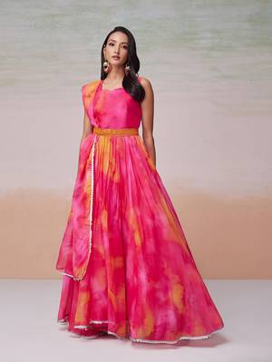 This multi color flared organza dress with dupatta. 2