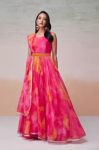 This multi color flared organza dress with dupatta.