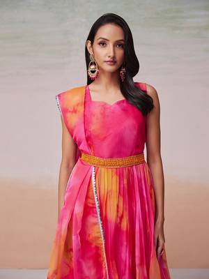 This multi color flared organza dress with dupatta. 3